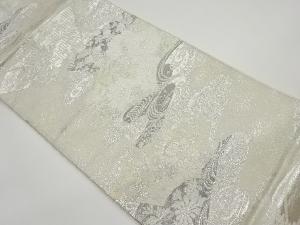 プラチナ箔波に地紙・花々模様袋帯